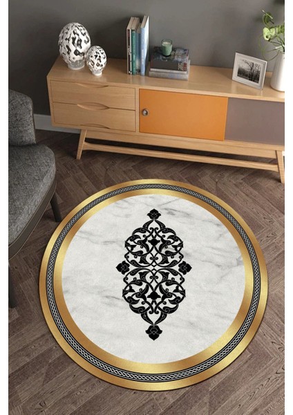 Gold Çerçeveli Mermer Zeminli Yuvarlak Halı (Makinede Yıkanabilir)