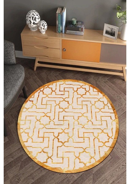 Gold Karışık Desenli Yuvarlak Halı (Makinede Yıkanabilir)