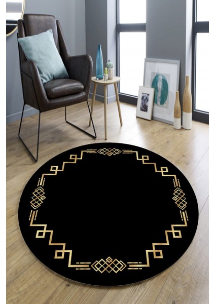 Gold Çerçevesi Motifli Siyah Yuvarlak Halı (Makinede Yıkanabilir)