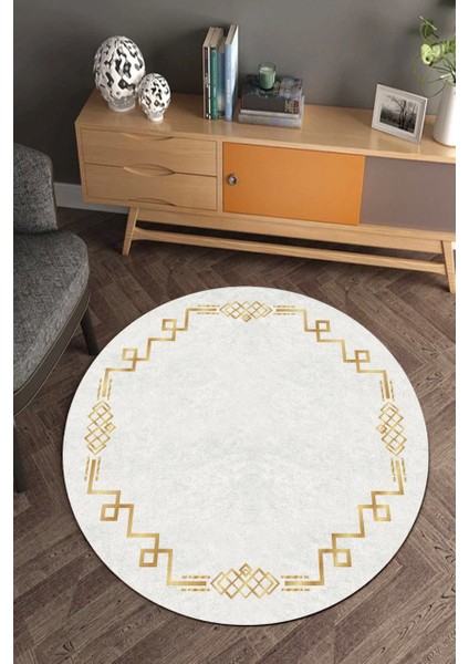 Gold Çerçevesi Motifli Beyaz Yuvarlak Halı (Makinede Yıkanabilir)