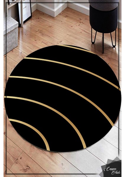 Siyah Gold Detaylı Yuvarlak Halı (Makinede Yıkanabilir)