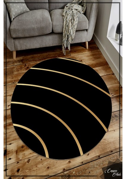 Siyah Gold Detaylı Yuvarlak Halı (Makinede Yıkanabilir)