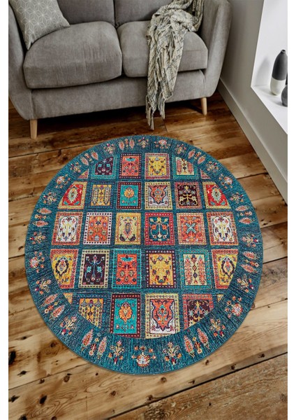 Mavi Afgan Desenli Yuvarlak Halı (Makinede Yıkanabilir)