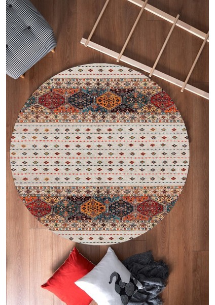 Krem Afgan Desenli Yuvarlak Halı (Makinede Yıkanabilir)