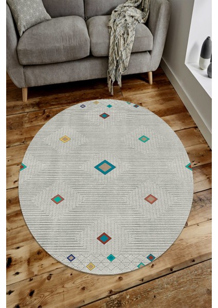 Çizgili Krem Kilim Desenli Yuvarlak Halı (Makinede Yıkanabilir)