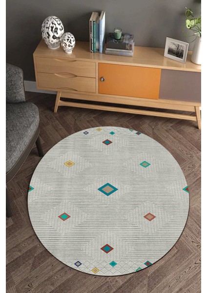 Çizgili Krem Kilim Desenli Yuvarlak Halı (Makinede Yıkanabilir)