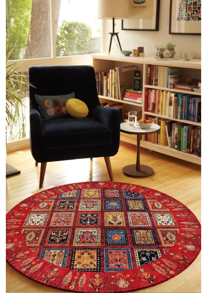 Kırmızı Afgan Desenli Yuvarlak Halı (Makinede Yıkanabilir)