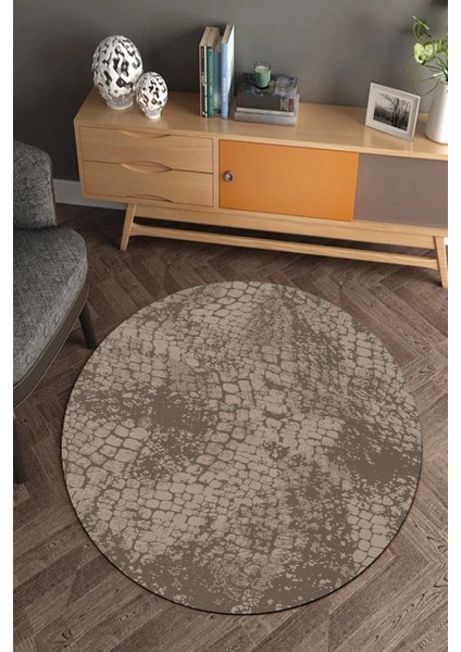 Eskitme Taş Desenli Kahverengi Yuvarlak Halı (Makinede Yıkanabilir)