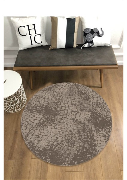Eskitme Taş Desenli Kahverengi Yuvarlak Halı (Makinede Yıkanabilir)