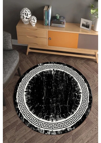 Siyah Zincir Desenli Eskitme Yuvarlak Halı (Makinede Yıkanabilir)