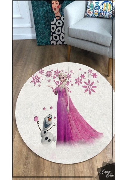 Elsa Karlar Ülkesi Desenli Yuvarlak Çocuk Odası Halı (Makinede Yıkanabilir)