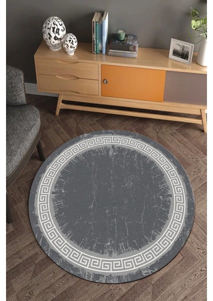 Koyu Gri Zincir Desenli Eskitme Yuvarlak Halı (Makinede Yıkanabilir)
