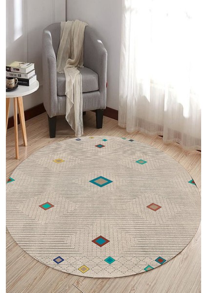 Çizgili Krem Kilim Desenli Yuvarlak Halı (Makinede Yıkanabilir)