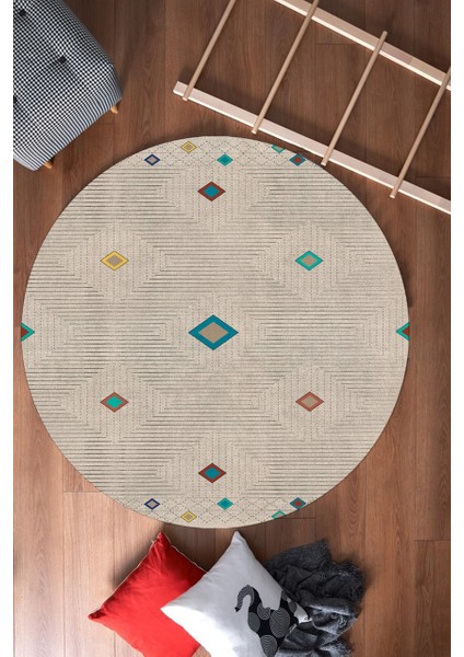Çizgili Krem Kilim Desenli Yuvarlak Halı (Makinede Yıkanabilir)