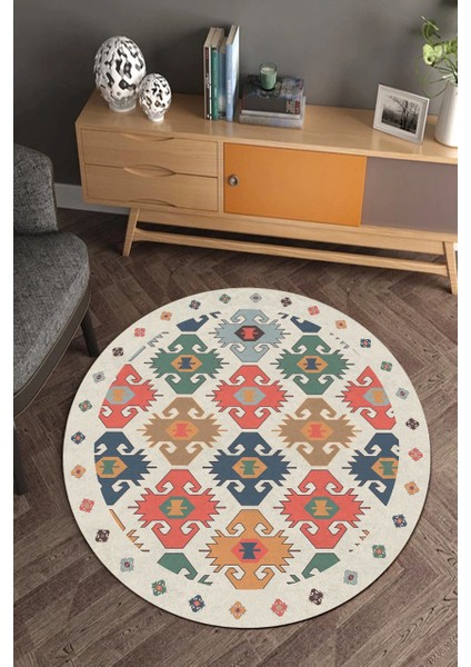 Geleneksel Kilim Desenli Krem Yuvarlak Halı (Makinede Yıkanabilir)