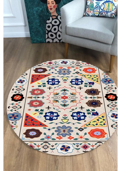 Çiçekli Krem Kilim Desenli Yuvarlak Halı (Makinede Yıkanabilir)
