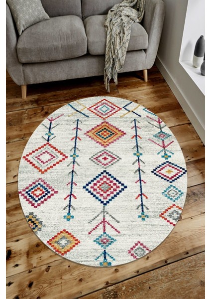Kare Motifli Modern Yuvarlak Halı (Makinede Yıkanabilir)