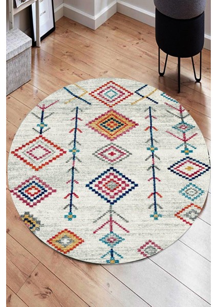 Kare Motifli Modern Yuvarlak Halı (Makinede Yıkanabilir)