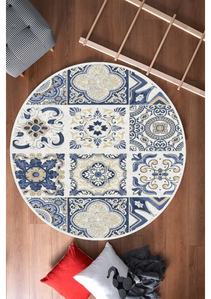 Simetrik Kare Desenli Dijital Baskılı Yuvarlak Halı (Makinede Yıkanabilir)