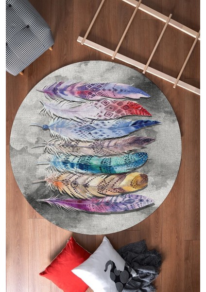 Renkli Tüy Desenli Gri Yuvarlak Halı (Makinede Yıkanabilir)