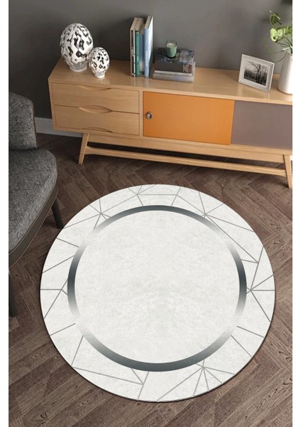 Gri Prizma Beyaz Yuvarlak Halı (Makinede Yıkanabilir)