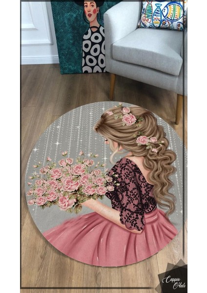 Kız Desenli Yuvarlak Çocuk Odası Halısı (Makinede Yıkanabilir)