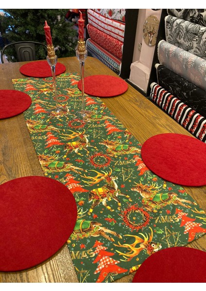 Tuğçe Demir Home Desıgn Yeşil Geyik Desen Runner Supla Takım
