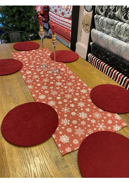 Tuğçe Demir Home Desıgn Bordo Kar Taneleri Desen Runner Supla Takım