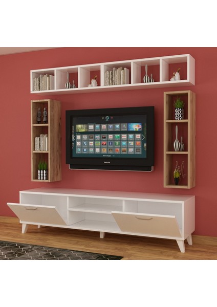 Dekormer Design Tv Ünitesi Dolaplı Atlantik Çam Beyaz 180 cm ve Kitaplıklı