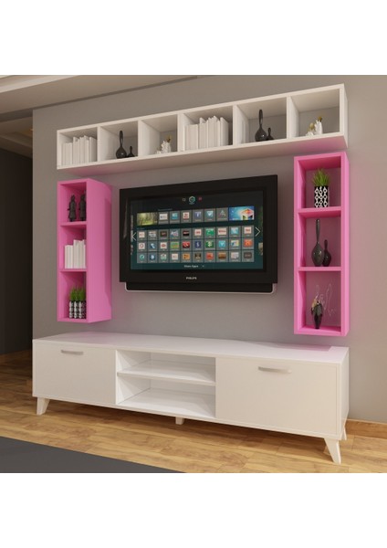 Tv Ünitesi Dolaplı Pembe Beyaz 180 cm ve Kitaplıklı