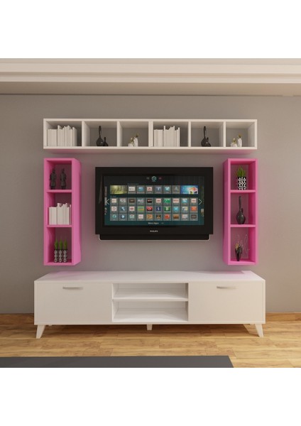 Tv Ünitesi Dolaplı Pembe Beyaz 180 cm ve Kitaplıklı