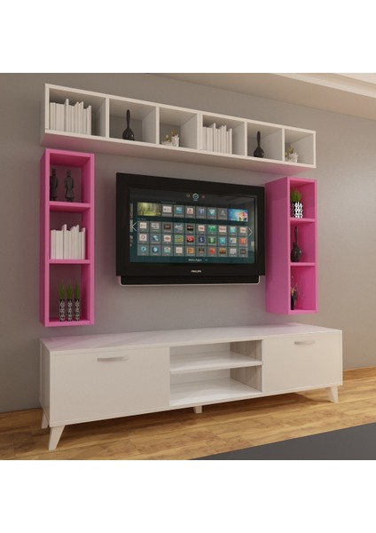 Tv Ünitesi Dolaplı Pembe Beyaz 180 cm ve Kitaplıklı