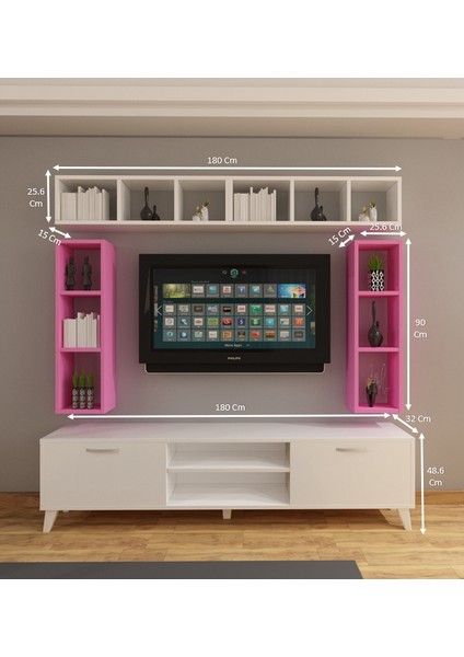 Tv Ünitesi Dolaplı Pembe Beyaz 180 cm ve Kitaplıklı