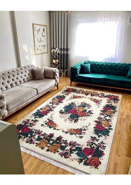 Çiçek Halısı Kaymaz Tabanlı Yıkanabilir Halı Kilim Yolluk Yeşil