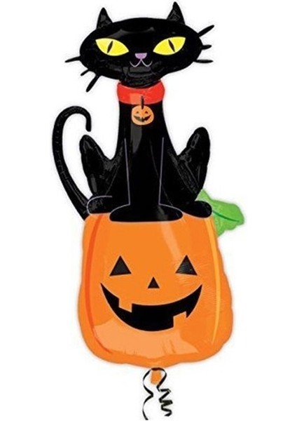 Cadılar Bayramı Halloween Kabak Üzeri Kedi Şeklinde Folyo Balon 97 x 68 cm