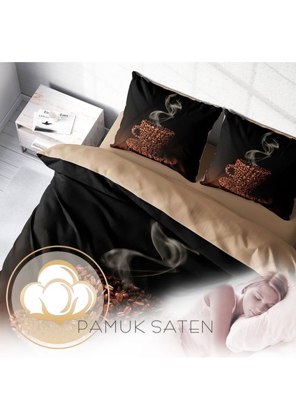 Sleep Coffee 3D Pamuk Saten Çift Kişilik Nevresim Takımı