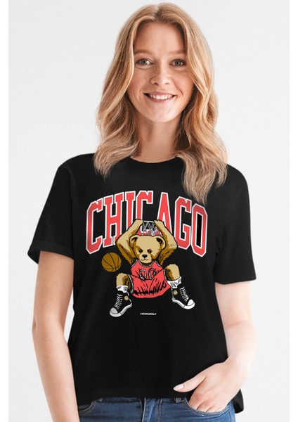 Chicago Basket Siyah Kısa Kollu Kadın T-Shirt