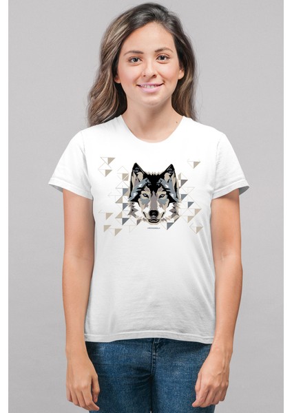Geometrik Kurt Beyaz Kısa Kollu Kadın T-Shirt