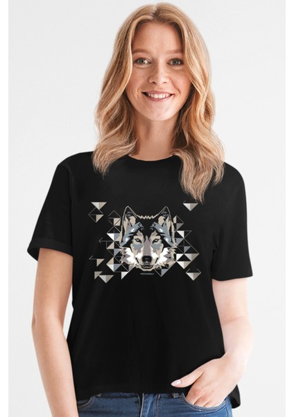 Geometrik Kurt Siyah Kısa Kollu Kadın T-Shirt