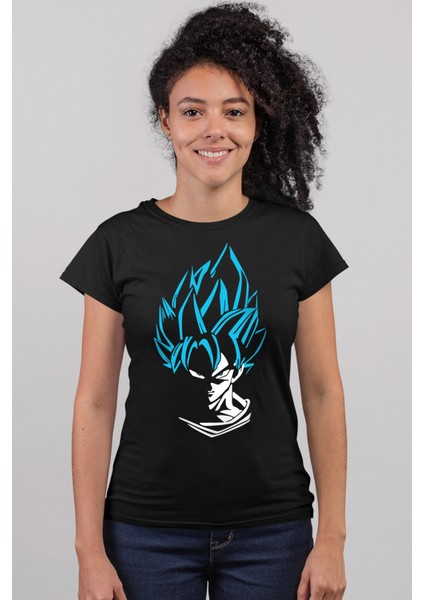 Mavi Saçlı Kahraman Siyah Kısa Kollu Kadın T-Shirt