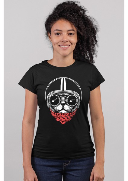 Kasklı Kedi Siyah Kısa Kollu Kadın T-Shirt