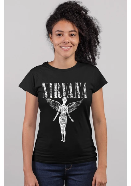 Melek Nirvana Siyah Kısa Kollu Kadın T-Shirt