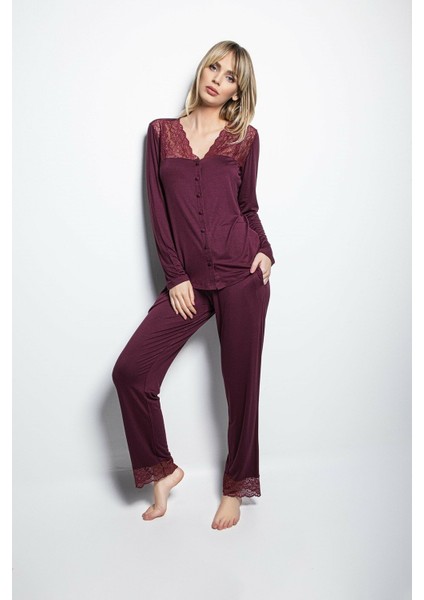 19230 Kadın Uzun Kollu Pijama Takım-Bordo