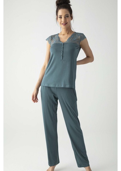 19303 Kadın Kısa Kollu Pijama Takımı-Yeşil