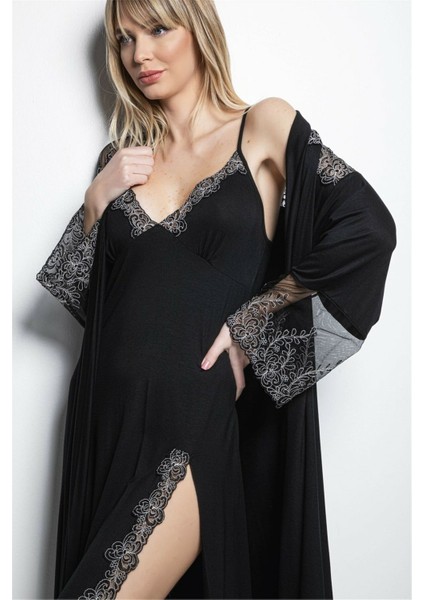 19190 Kadın Sabahlıklı Gecelik Takım-Siyah modelleri