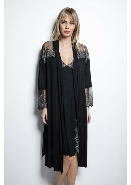 19190 Kadın Sabahlıklı Gecelik Takım-Siyah fırsatları