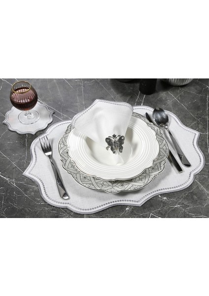 Caka Home 6'lı Kokteyl Peçetesi Nakışlı Oymalı Keten Efektli Gri Renkli modelleri