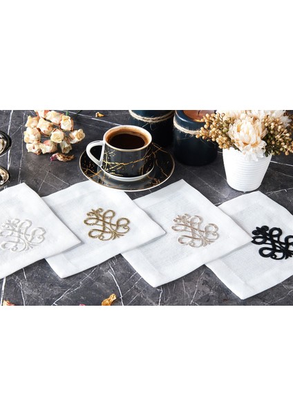 Caka Home 6'lı Kokteyl Peçetesi 3D Nakışlı Keten Efektli Altın Sim