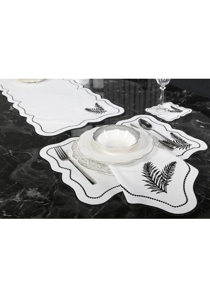 Caka Home 6 Li Kokteyl Peçete Yaprak Nakışlı Keten Efektli