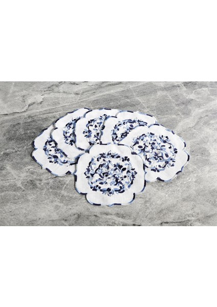 Caka Home 6 Li Kokteyl Peçete Ebruli Çiçekli Nakışlı Keten Efektli